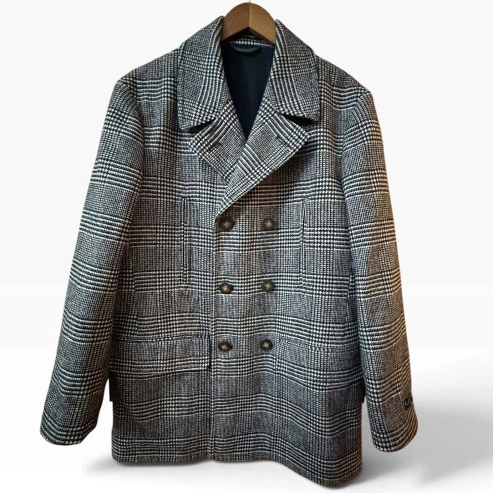 Lauren Ralph Lauren Wool Blend Glen Plaid Double Breasted Peacoat Gray 40R